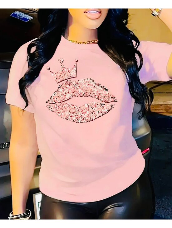 Tops - >SALE< New - Sparkling -Queen - Lip Print Crew Neck T-Shirt - Pink - Size L
